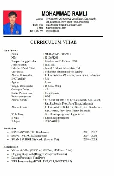 contoh personal resume untuk beasiswa bank indonesia
